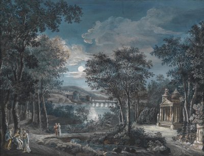 Parklandschaft mit einem Grabmal, Kastell und Brücke über einen Teich im Mondlicht von Adelsheim